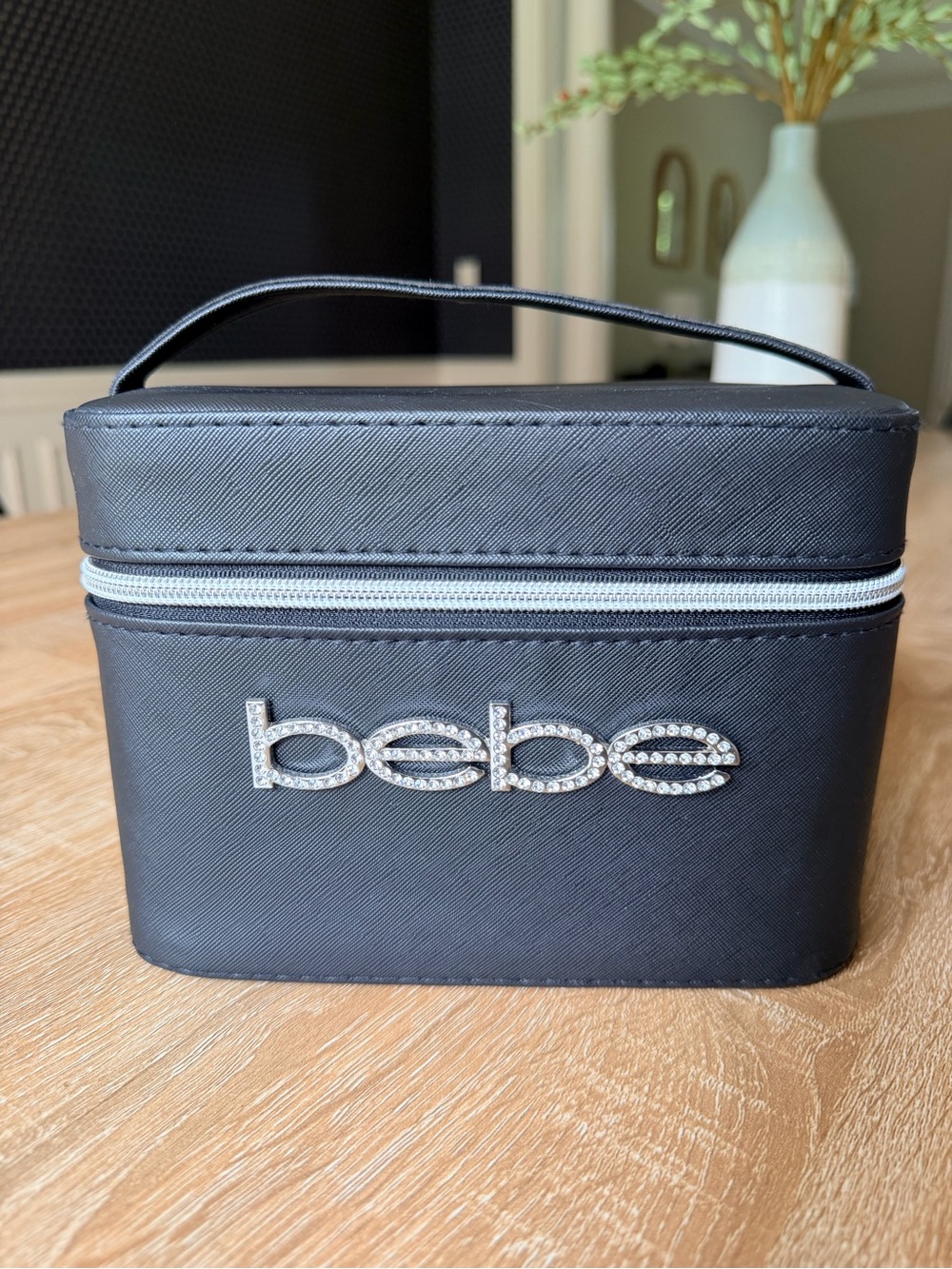 bebe Black Rhinestone Logo Cosmetic Train Case